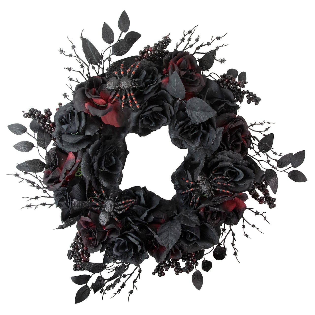 24&#x22; Burgundy &#x26; Black Roses with Spiders Halloween Wreath